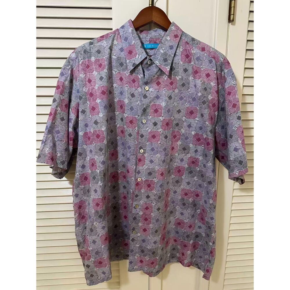 Tori Richard Shirt Men's XL Purple Geometric Hawaiian Short Sleeve Button Up